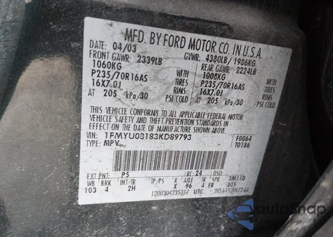 2003 Ford Escape Xlt из США, поврежденный, VIN 1FMYU03183KD89793